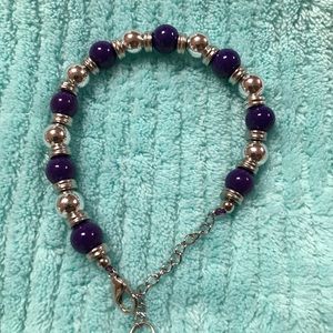 Purple Czech Druk Glass Beads Silver Tone Bracelet